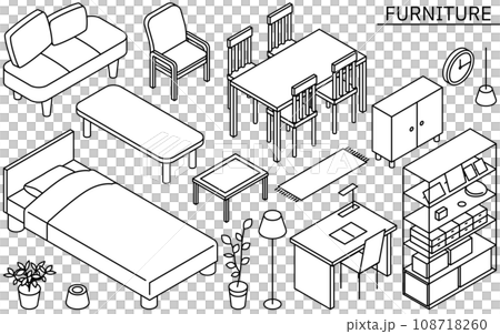 新生活で必要な家具のイラスト、シンプルなアイソメトリック、白黒 新生活で必要な家具のイラスト、シンプルなアイソメトリック、白黒 108718260