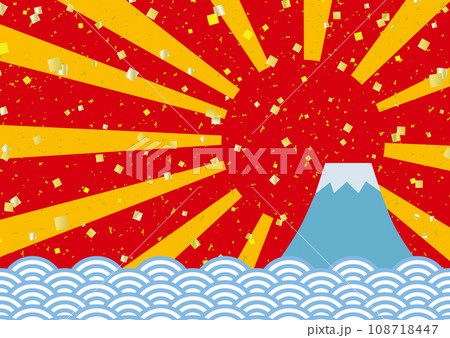 富士山 初日の出 青海波に金箔と紙吹雪の年賀状 背景2/赤・黄 108718447