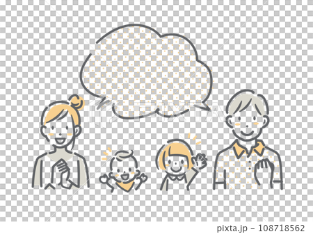 A happy young family of four - simple and stylish line drawing illustration A happy young family of four - simple and stylish line drawing illustration 108718562