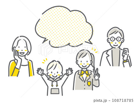 笑顔のミドル世代の4人家族　シンプルでお洒落な線画イラスト 108718785