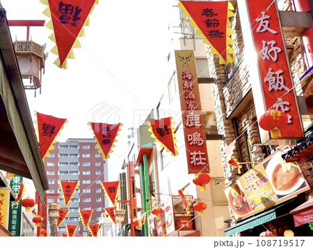 春節祭の神戸南京街 鮮やかな紅ペナント旗がところ狭しと下がる南京西路の風景 神戸市中央区 春節祭の神戸南京街 鮮やかな紅ペナント旗がところ狭しと下がる南京西路の風景 神戸市中央区 108719517
