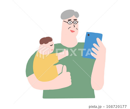 赤ちゃんを抱っこする老人男性がスマートフォンを見ているイラスト 赤ちゃんを抱っこする老人男性がスマートフォンを見ているイラスト 108720177