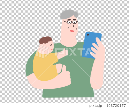 赤ちゃんを抱っこする老人男性がスマートフォンを見ているイラスト 赤ちゃんを抱っこする老人男性がスマートフォンを見ているイラスト 108720177