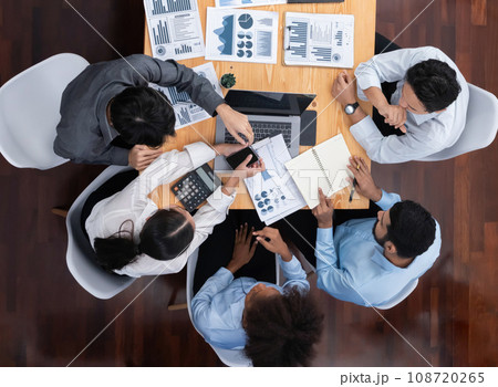 Top view multiracial analyst team use BI dashboard for data analysis. Concord 108720265