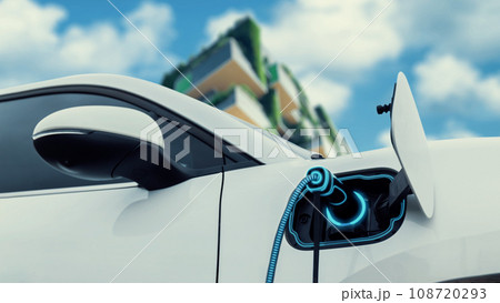 Electric car plugged in with charging station to recharge battery. Peruse Electric car plugged in with charging station to recharge battery. Peruse 108720293