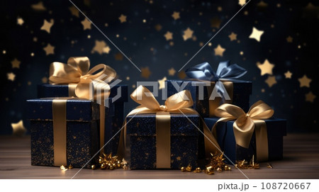 Christmas gift boxes on a wood table comeliness 108720667
