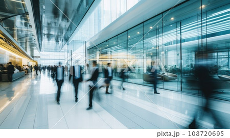 People rushing in office lobby with motion blur 108720695