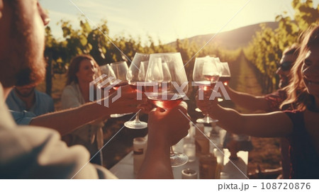 Group of friends gathering for wine tasting in countryside vineyard comeliness 108720876