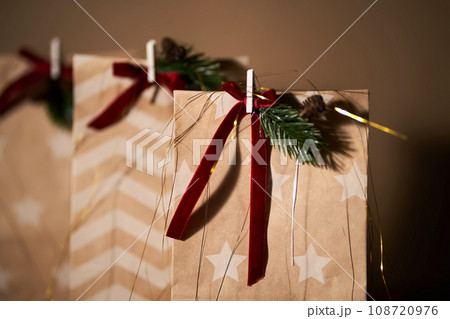 Christmas gift bags with decor and Christmas ornament. Christmas gift bags with decor and Christmas ornament. 108720976