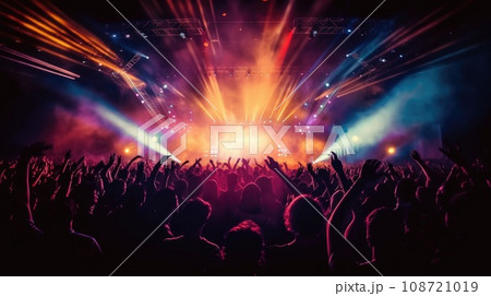 silhouette of concert crowd in front of bright stage lights 108721019