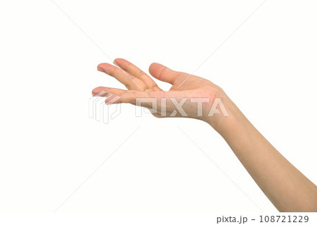 An elegant woman's hand extended forward, her fingertips gently curled as if to grasp something invisible, set against a spotless white background. 108721229