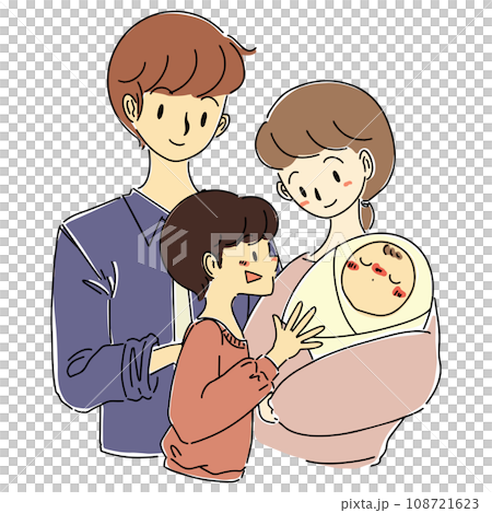 年輕夫婦和兒童和嬰兒家庭手繪插畫 108721623