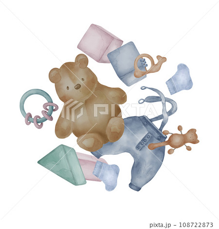 Illustration with teddy bear, baby clothes neutral colors isolated on white background. Hand drawn plush bear in pastel shades. Painted baby toys, cubes. Element for birthday card, newborn shower Illustration with teddy bear, baby clothes neutral colors isolated on white background. Hand drawn plush bear in pastel shades. Painted baby toys, cubes. Element for birthday card, newborn shower 108722873