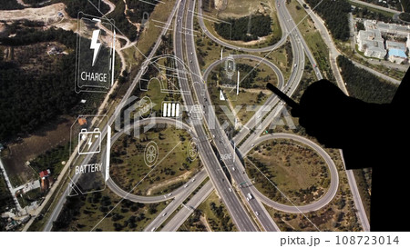 Intelligent Vehicles Cars Communicating Ai Logistic Autonomous Delivery Vehicles IoT GPS Tracking Satellite 5G Smart Roads Traffic Road Junction Interchange Motorway Triangulation Of Traffic Data 108723014