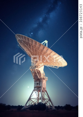 Huge radio telescope aimed directly into sky in middle of deserted desert catching signals 108723143