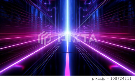 Abstract futuristic neon glowing lamps in dark corridor, Technology background, Generative AI 108724211
