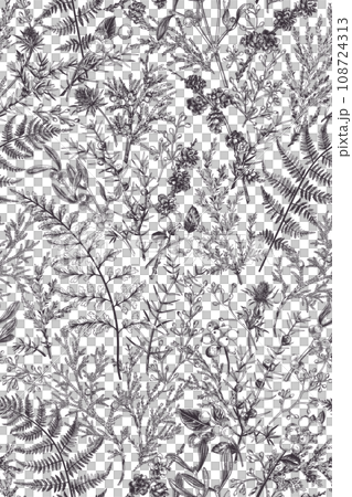 Forest seamless pattern. Vertical. Vegetable background with conifers, ferns, cones, berries. Botanical illustration. Art line style. Black. Outline, no fill. 108724313