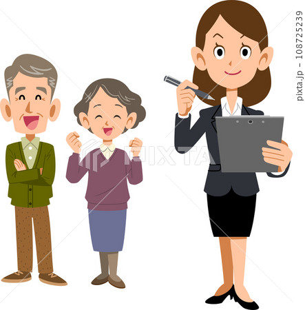 シニア夫婦と書類に記入するスーツ姿の女性 108725239