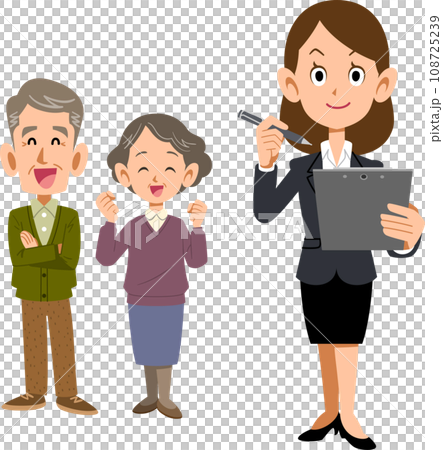 シニア夫婦と書類に記入するスーツ姿の女性 108725239