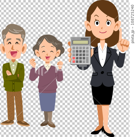 シニア夫婦と計算機を見せるスーツ姿の女性 シニア夫婦と計算機を見せるスーツ姿の女性 108725240