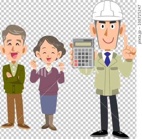 A man in work clothes showing a calculator with a senior couple 108725247