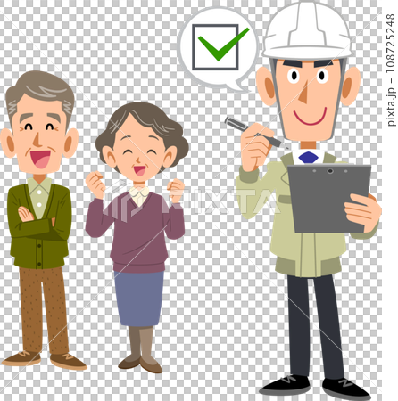 A man in work clothes checking with a senior couple 108725248