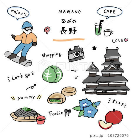 長野の手描きのアイコンセット 108726076