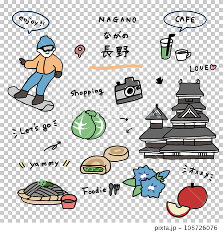 長野の手描きのアイコンセット 108726076