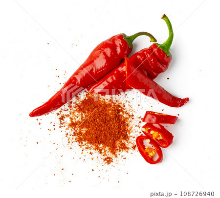 Pile of red paprika powder isolated on white background Pile of red paprika powder isolated on white background 108726940