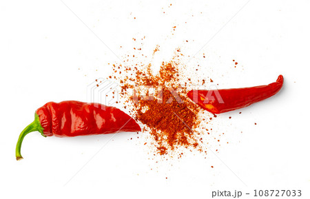 Pile of red paprika powder isolated on white background Pile of red paprika powder isolated on white background 108727033