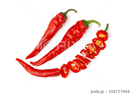 Red cut chili pepper isolated on white background 108727069