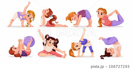 Children Doing Yoga Standing in Asana Vector Set 108727293