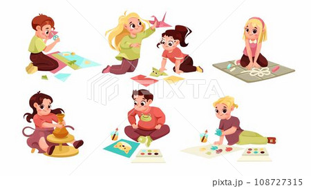 Creative Children on the Floor Engaged in Workshop Activity Vector Set Creative Children on the Floor Engaged in Workshop Activity Vector Set 108727315
