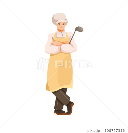 Man Chef Character in Uniform with Ladle in Restaurant Cooking Meal Vector Illustration 108727316