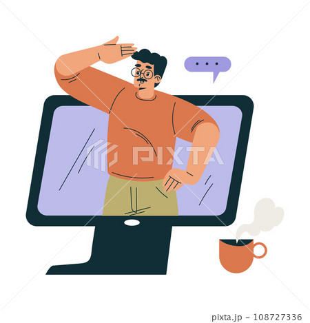 Business Concept with Man Character from Computer Screen Have Online Conference Vector Illustration Business Concept with Man Character from Computer Screen Have Online Conference Vector Illustration 108727336