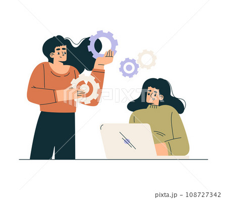 Business Concept with Woman Character at Laptop with Cogwheel Vector Illustration 108727342