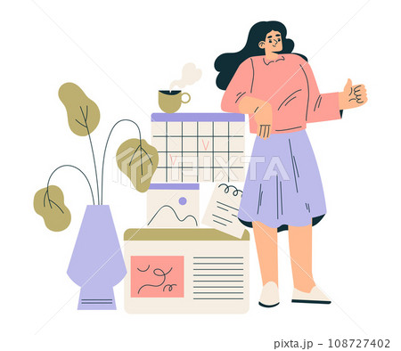 Business Concept with Woman Character at Calendar Show Thumb Up Gesture Vector Illustration 108727402