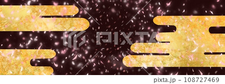 平安時代風金色の優雅な雲と金箔、金粉、砂子の舞う日本画風背景ワイドサイズイラスト 108727469