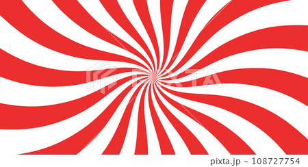 Christmas candy swirl background. Christmas candycane radial pattern with red stripes. Xmas swirl lollipop vortex texture. Peppermint traditional caramel print. Vector illustration 108727754