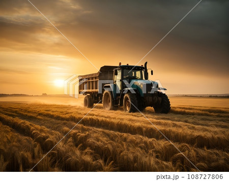 Truck on field with sunrise 108727806