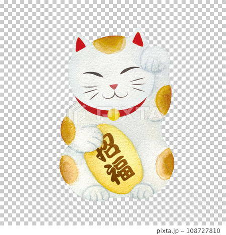 水彩手繪插畫,一隻拿小硬幣的招財貓 水彩手繪插畫,一隻拿小硬幣的招財貓 108727810