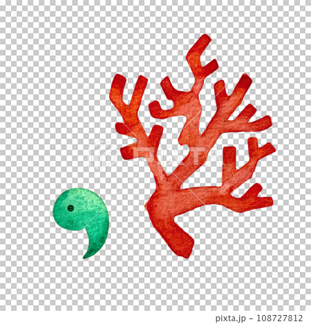 Illustration of red coral and jade magatama with watercolor touch 108727812