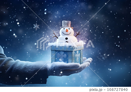 Giftbox Soaring Over a Snowman's Wonderland.GenerativeAI. 108727840