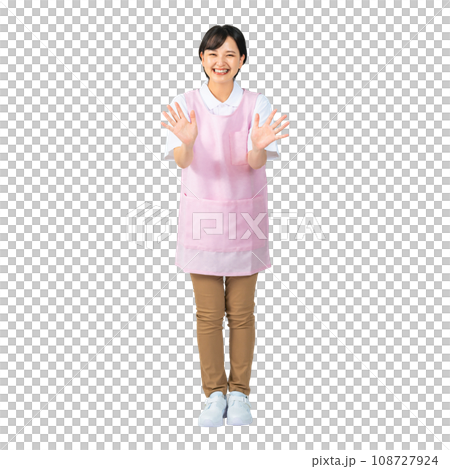 手を振るエプロンをつけた女性 保育士 介護福祉士 切り抜き背景透過PNG 手を振るエプロンをつけた女性 保育士 介護福祉士 切り抜き背景透過PNG 108727924