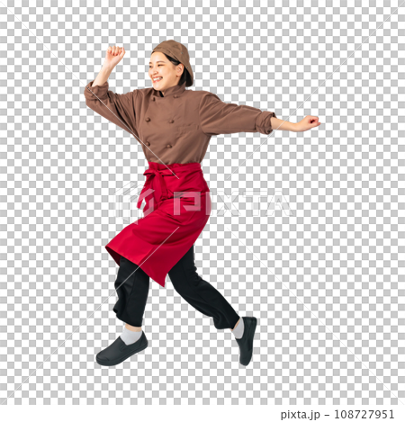 Woman in cooking clothes jumping, cook, restaurant clerk, cutout background transparent PNG Woman in cooking clothes jumping, cook, restaurant clerk, cutout background transparent PNG 108727951