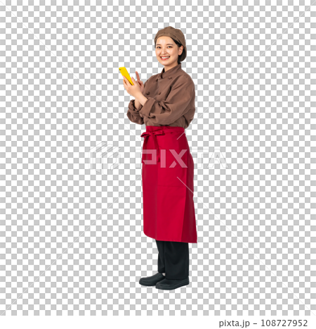 A woman wearing cooking clothes using a smartphone, cook, restaurant clerk, cutout background transparent PNG A woman wearing cooking clothes using a smartphone, cook, restaurant clerk, cutout background transparent PNG 108727952