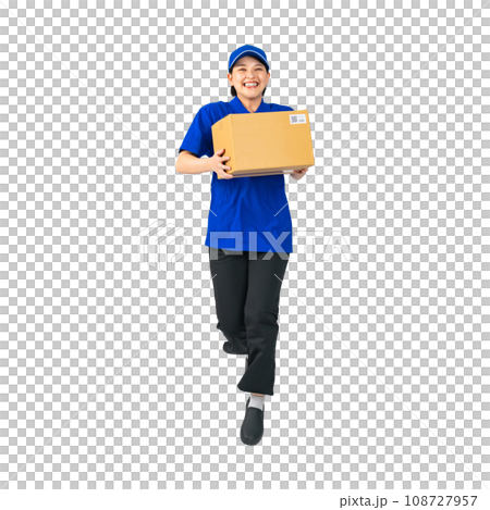 A woman in work clothes jumping with luggage, delivery staff, delivery person, worker, cutout background transparent PNG 108727957