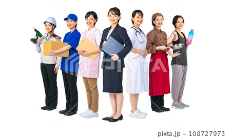 様々な職業に扮装した同一人物のグループ　転職　進路　専門学校　切り抜き背景透過PNG 108727973