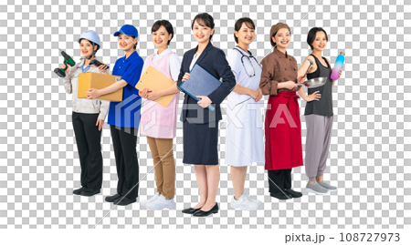 様々な職業に扮装した同一人物のグループ　転職　進路　専門学校　切り抜き背景透過PNG 108727973