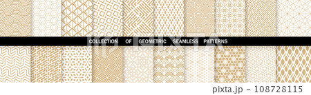 Geometric set of seamless gold and white patterns. Simple vector graphics 108728115